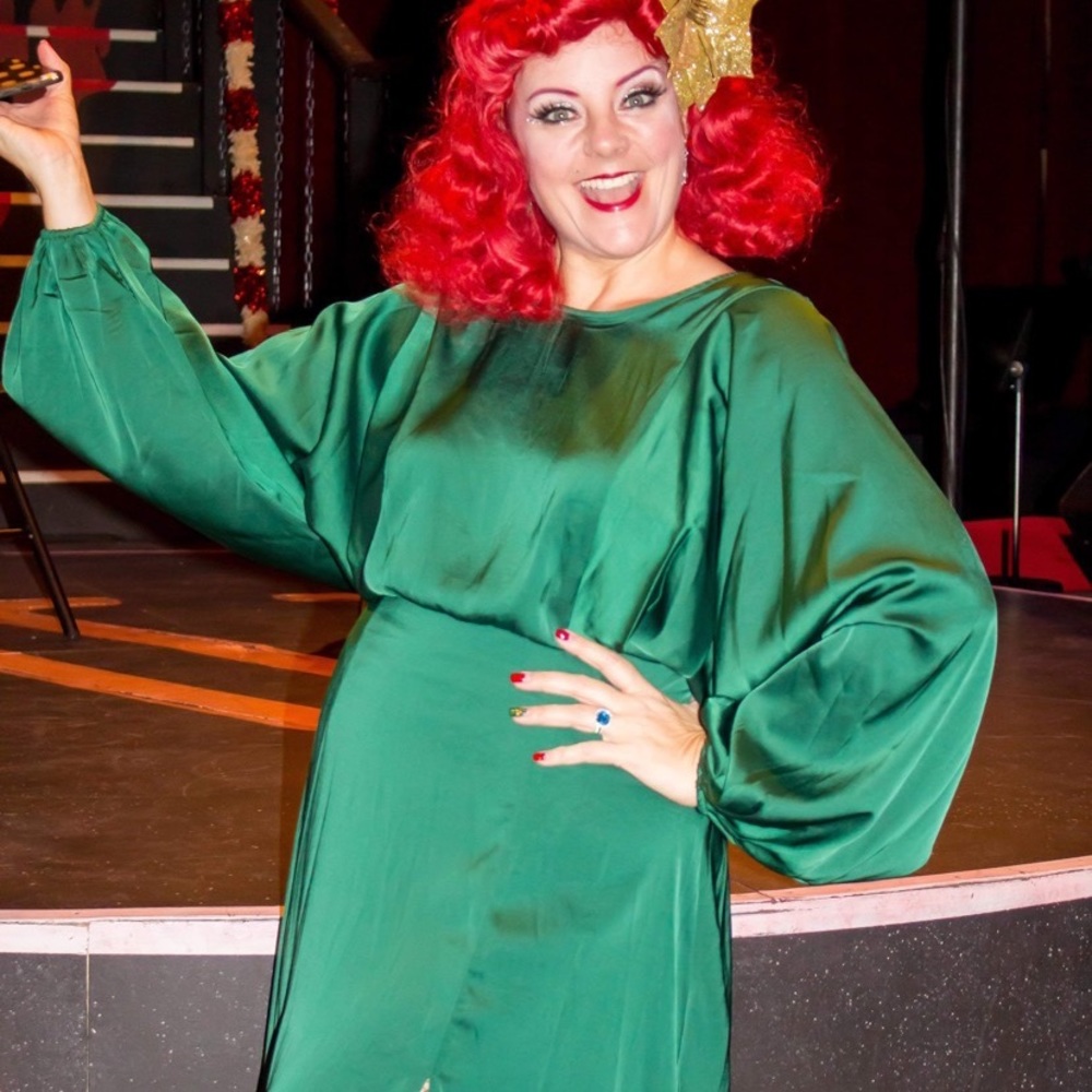 Gorgeous emerald floor-length satin gown.